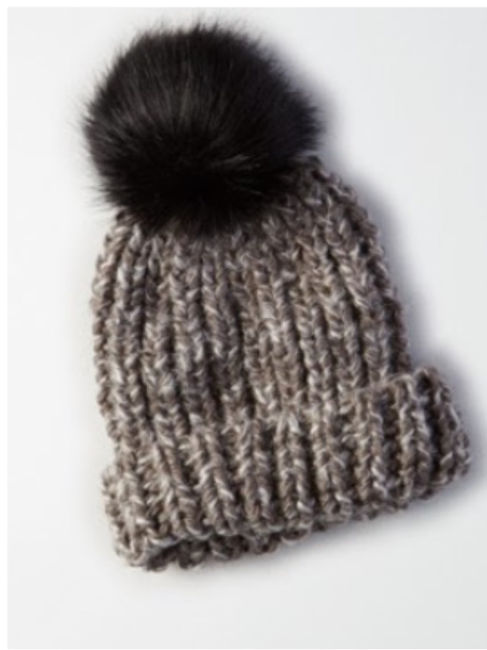 American Eagle Ribbed Knit Faux Fur Pom Pom Beanie Toque Marled Charcoal